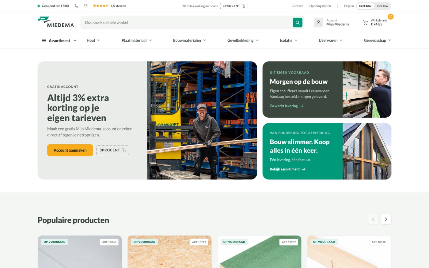 Homepage van richting D — de Miedema-merkhuisstijl met echte productfoto's